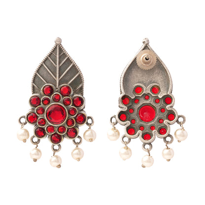 PatraPushp- Silver Brass Pearl dangler earrings(Red)