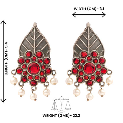 PatraPushp- Silver Brass Pearl dangler earrings(Red)