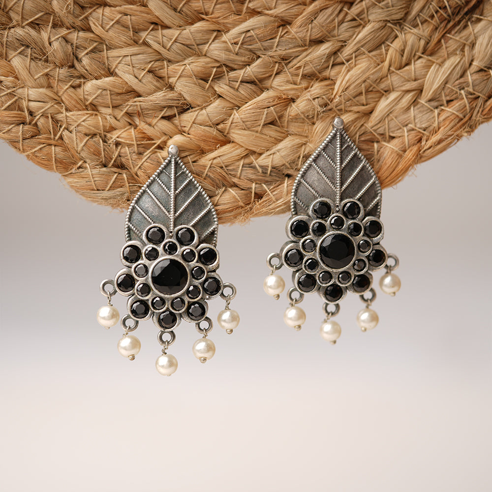 PatraPushp- Silver Brass Pearl dangler earrings(Black)