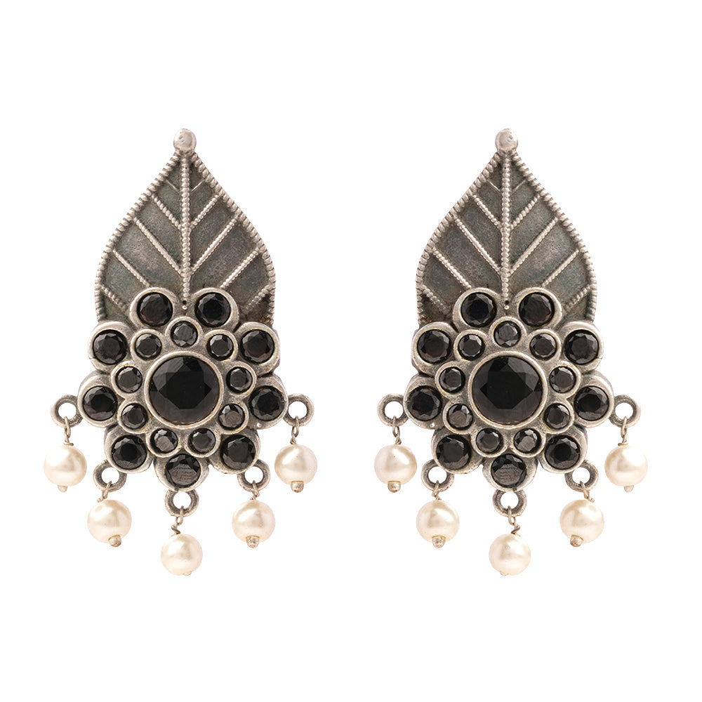 PatraPushp- Silver Brass Pearl dangler earrings(Black)