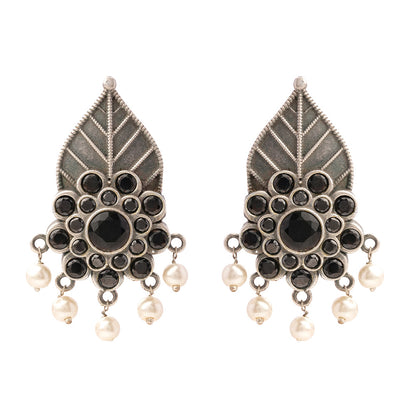 PatraPushp- Silver Brass Pearl dangler earrings(Black)