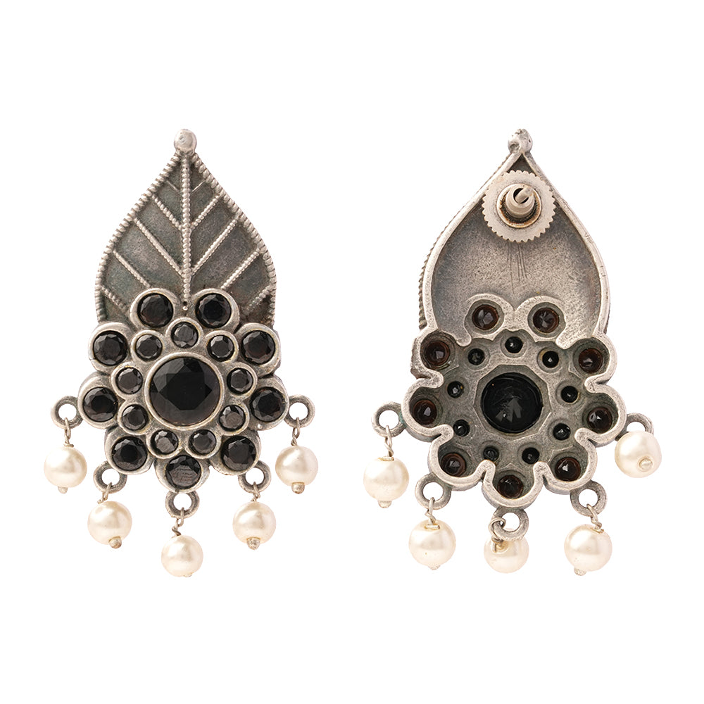 PatraPushp- Silver Brass Pearl dangler earrings(Black)