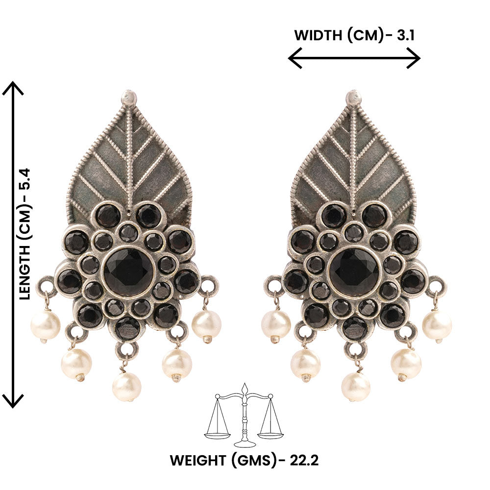 PatraPushp- Silver Brass Pearl dangler earrings(Black)