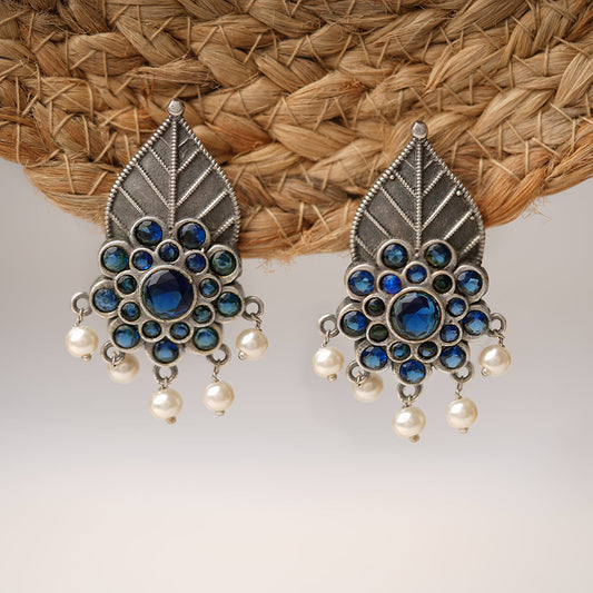 PatraPushp- Silver Brass Pearl dangler earrings(Blue)