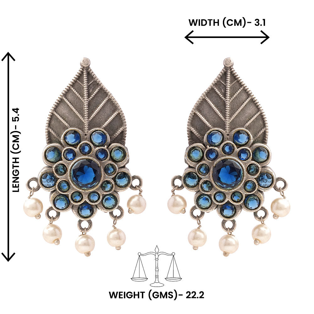 PatraPushp- Silver Brass Pearl dangler earrings(Blue)