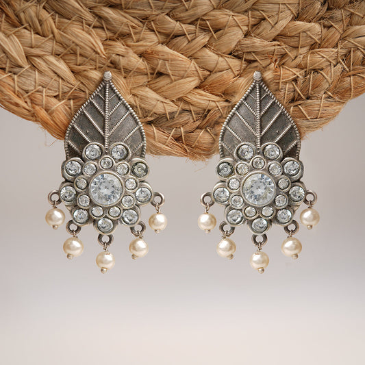 PatraPushp- Silver Brass Pearl dangler earrings(white)
