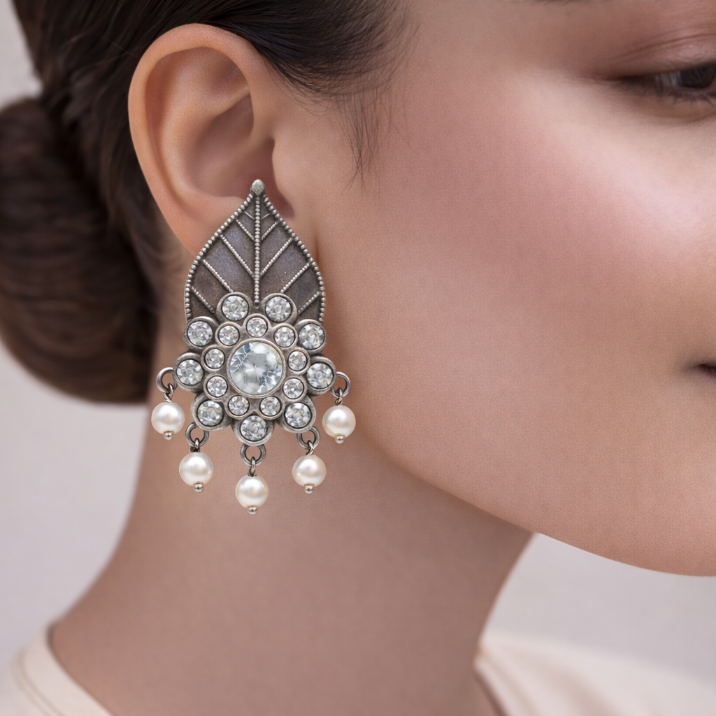 PatraPushp- Silver Brass Pearl dangler earrings(white)