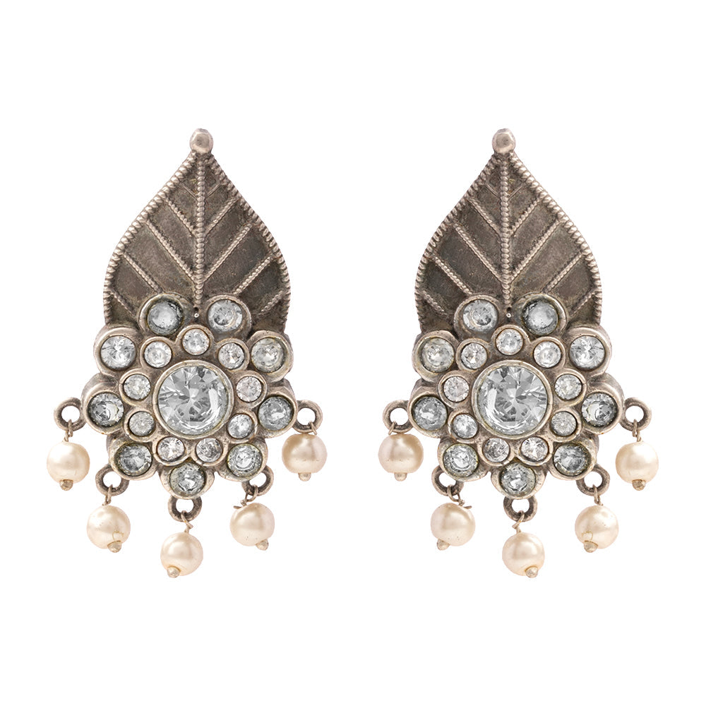 PatraPushp- Silver Brass Pearl dangler earrings(white)