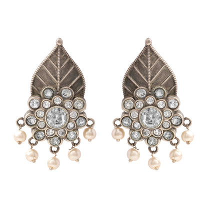 PatraPushp- Silver Brass Pearl dangler earrings(white)