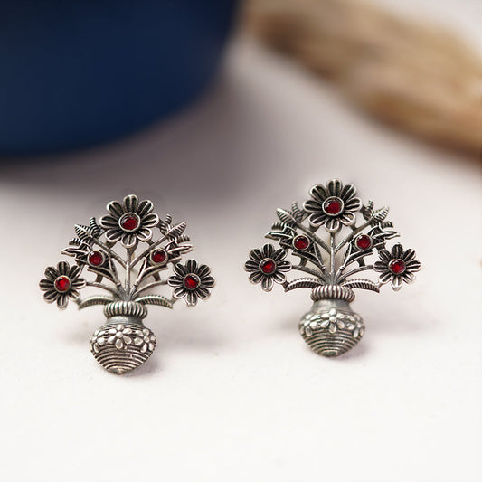 Pushp Kalash- Silver Brass Oxidised stud earrings(Red)