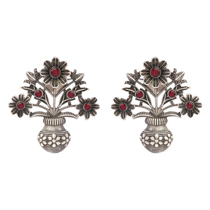 Pushp Kalash- Silver Brass Oxidised stud earrings(Red)