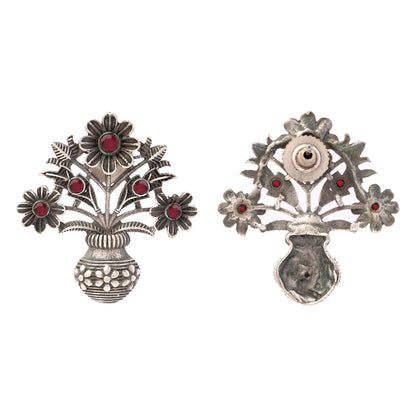 Pushp Kalash- Silver Brass Oxidised stud earrings(Red)