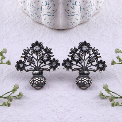 Pushp Kalash- Silver Brass Oxidised stud earrings(White)