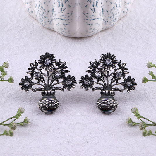 Pushp Kalash- Silver Brass Oxidised stud earrings(White)