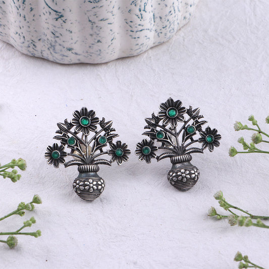 Pushp Kalash- Silver Brass Oxidised stud earrings(Green)
