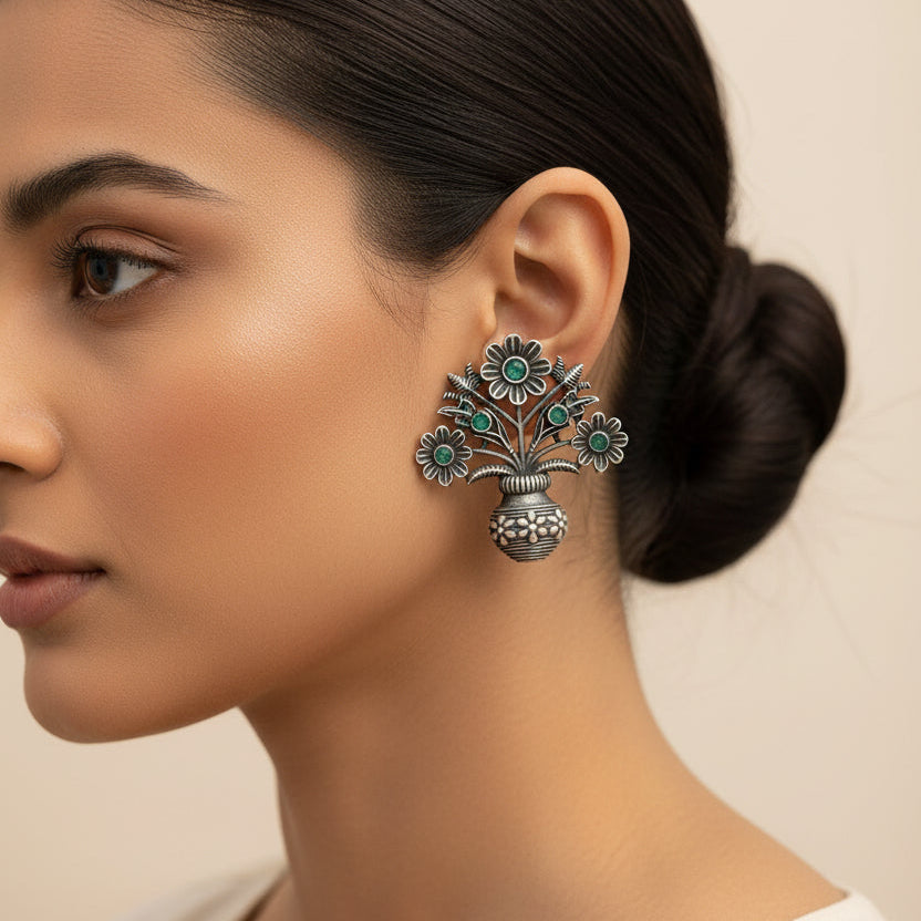 Pushp Kalash- Silver Brass Oxidised stud earrings(Green)