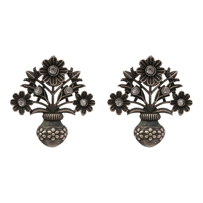 Pushp Kalash- Silver Brass Oxidised stud earrings(White)