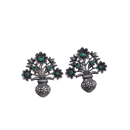 Pushp Kalash- Silver Brass Oxidised stud earrings(Green)