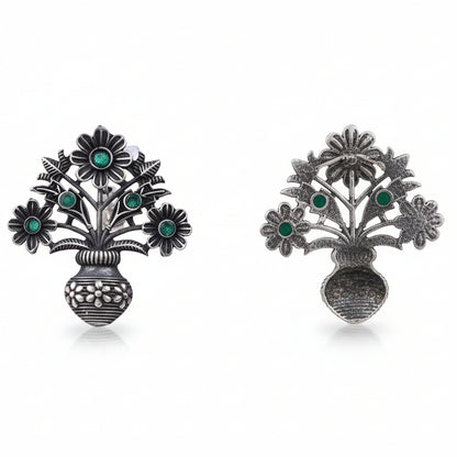 Pushp Kalash- Silver Brass Oxidised stud earrings(Green)