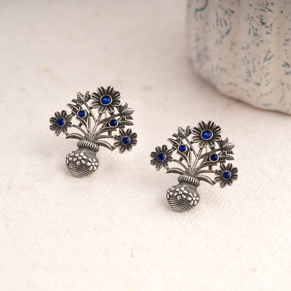 Pushp Kalash- Silver Brass Oxidised stud earrings(Blue)