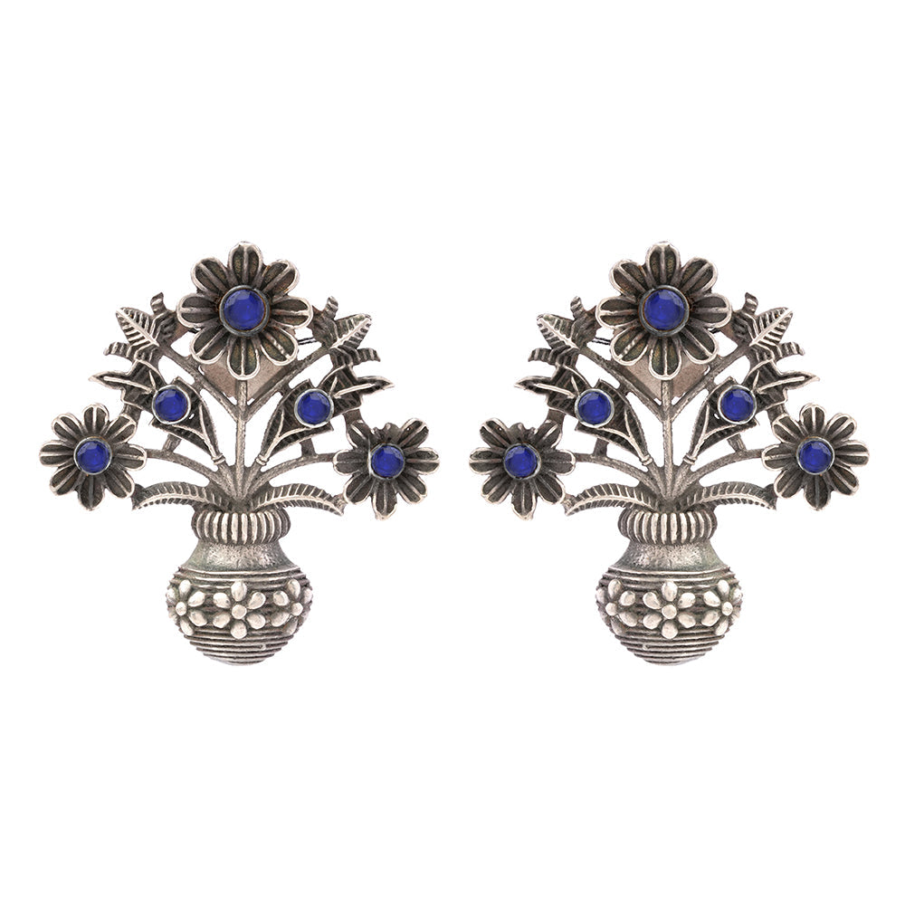 Pushp Kalash- Silver Brass Oxidised stud earrings(Blue)