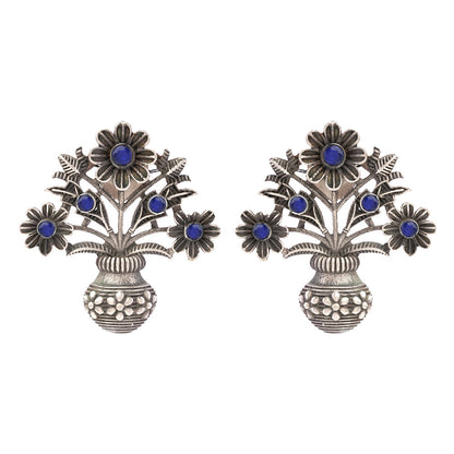 Pushp Kalash- Silver Brass Oxidised stud earrings(Blue)