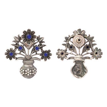 Pushp Kalash- Silver Brass Oxidised stud earrings(Blue)