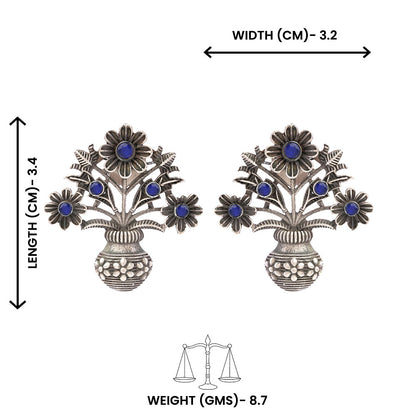 Pushp Kalash- Silver Brass Oxidised stud earrings(Blue)