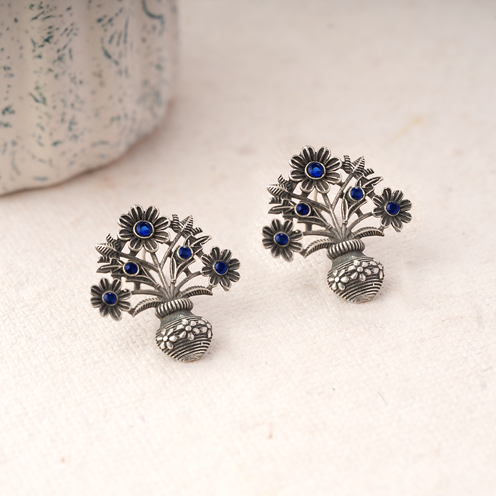 Pushp Kalash- Silver Brass Oxidised stud earrings(Blue)