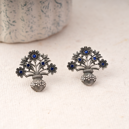 Pushp Kalash- Silver Brass Oxidised stud earrings(Blue)