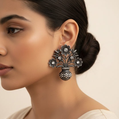 Pushp Kalash- Silver Brass Oxidised stud earrings(White)