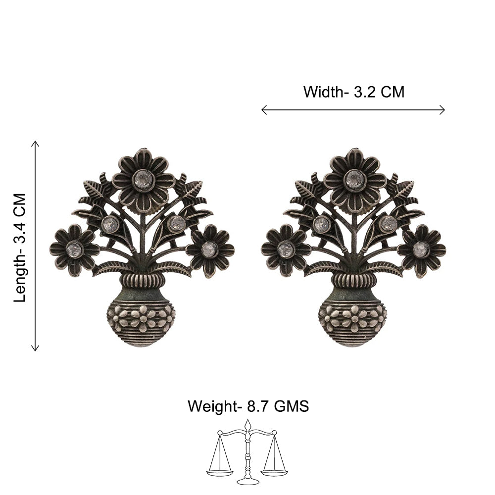 Pushp Kalash- Silver Brass Oxidised stud earrings(White)