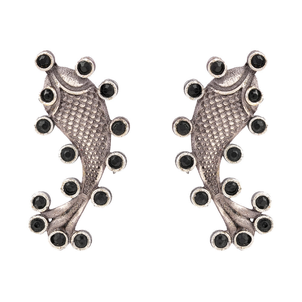 Meen- Silver oxidised Stone-Studded stud earrings(Black)