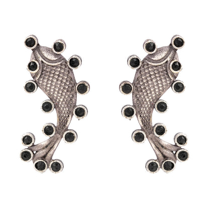 Meen- Silver oxidised Stone-Studded stud earrings(Black)