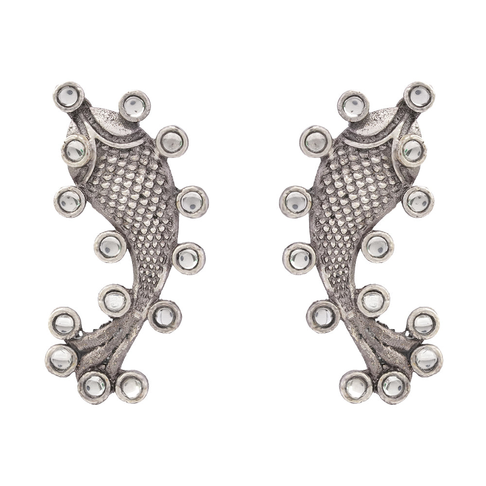 Meen- Silver oxidised Stone-Studded stud earrings(White)