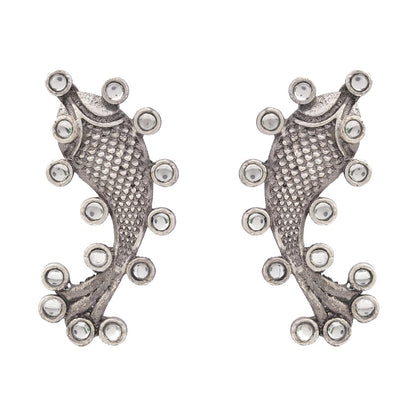 Meen- Silver oxidised Stone-Studded stud earrings(White)