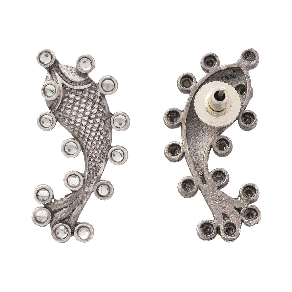 Meen- Silver oxidised Stone-Studded stud earrings(White)
