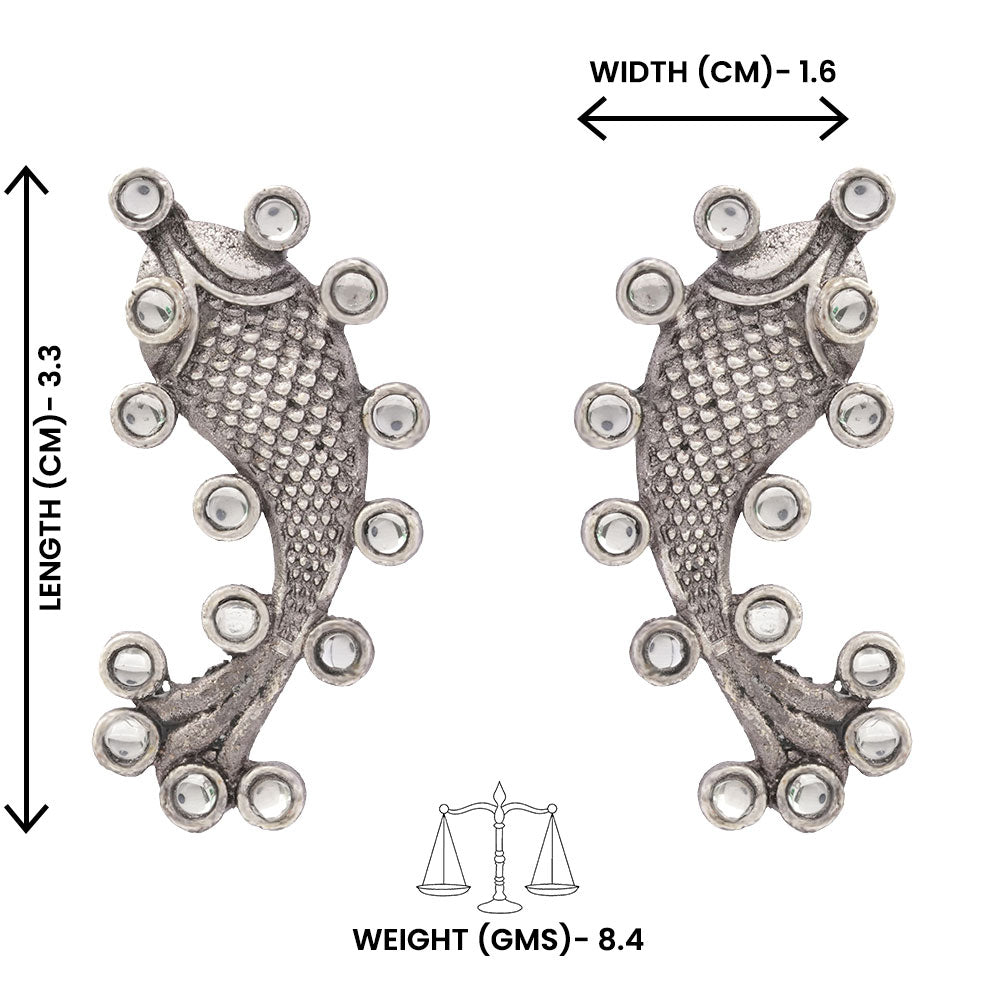 Meen- Silver oxidised Stone-Studded stud earrings(White)