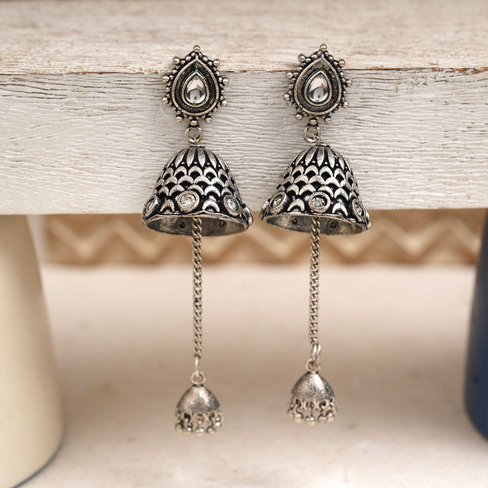 Antara- Kundan Studded Oxidised Jhumka Earrings