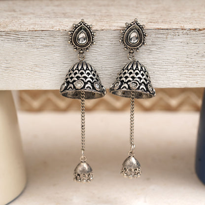 Antara- Kundan Studded Oxidised Jhumka Earrings