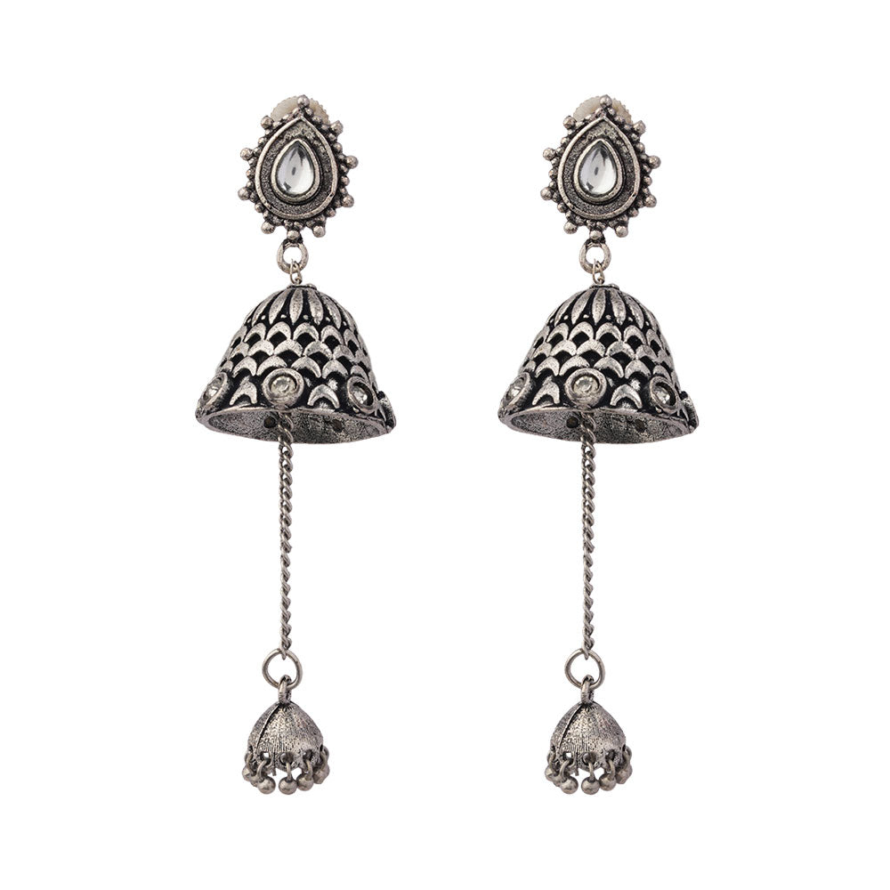 Antara- Kundan Studded Oxidised Jhumka Earrings