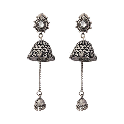 Antara- Kundan Studded Oxidised Jhumka Earrings