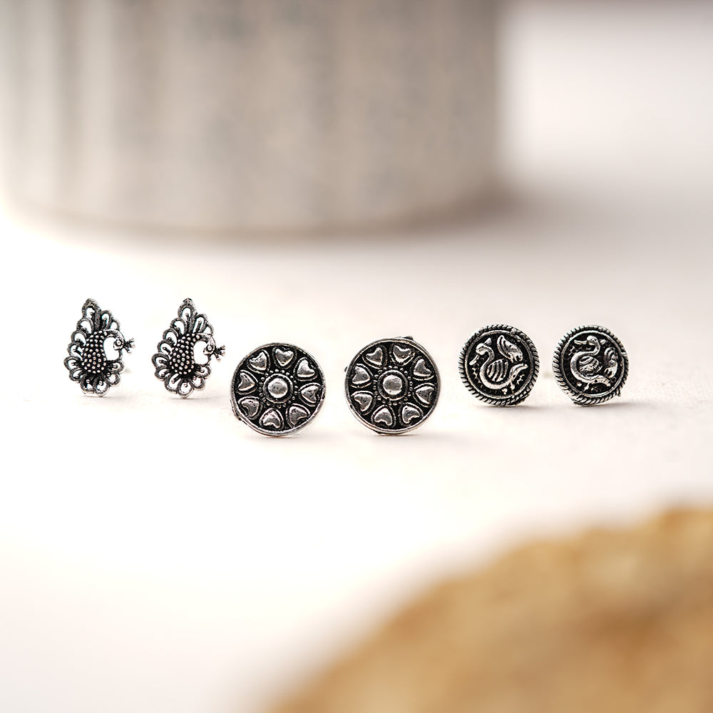 Rasika- Combo of Silver Brass Oxidised stud Earrings