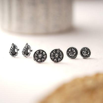 Rasika- Combo of Silver Brass Oxidised stud Earrings