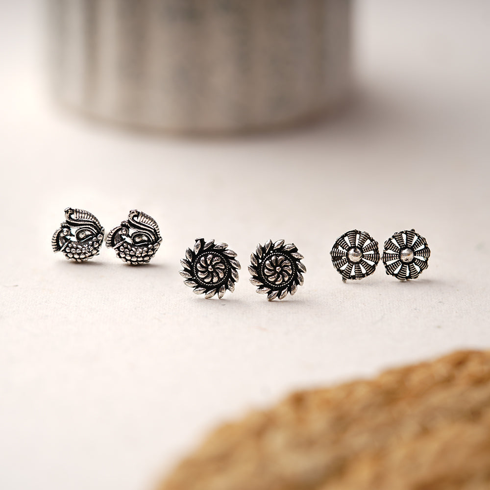 Sajawat- Combo of Silver Brass Oxidised stud Earrings