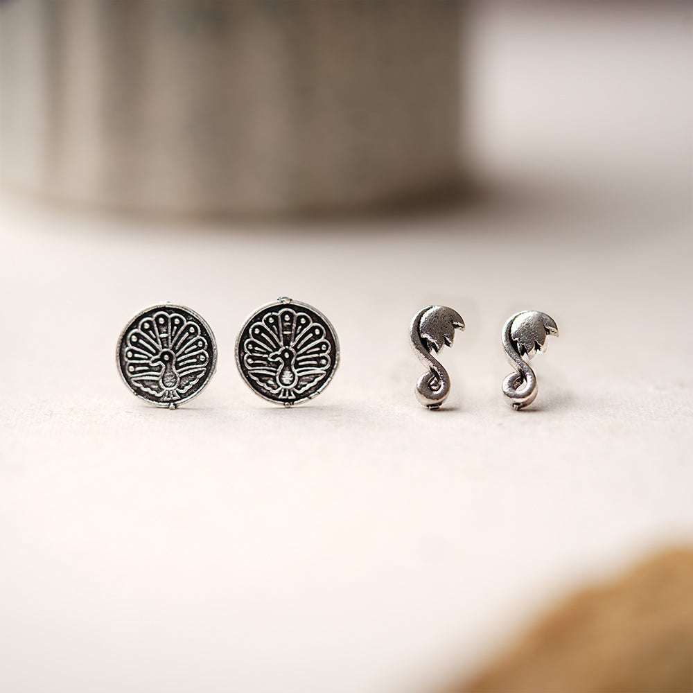 Do Anmol- Combo of Silver Brass Oxidised stud Earrings