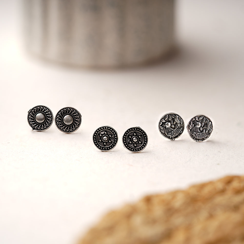 Chakra- Combo of Silver Brass Oxidised stud Earrings