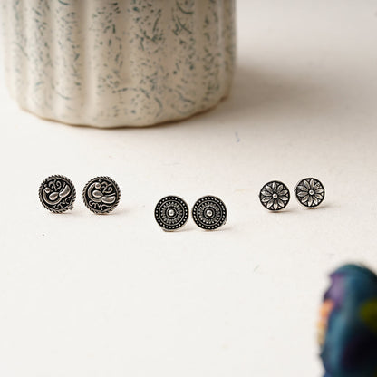 Mandala- Combo of Silver Brass Oxidised stud Earrings