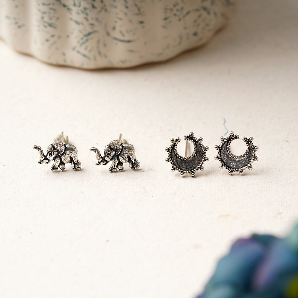 Kanika- Combo of Silver Brass Oxidised stud Earrings
