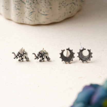 Kanika- Combo of Silver Brass Oxidised stud Earrings